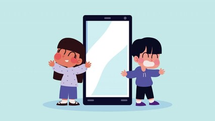 Wall Mural - little kids couple with smartphone animation
