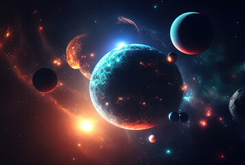 Aufkleber - illustration on the theme of life in space with super bright colors and planets and stars