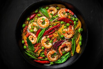 Wall Mural -  a pan filled with shrimp, peas, and peppers on a table top with a black background and a black bowl with a spoon in it and a spoon in it to the side of the pan., generative ai