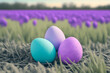 © Forge Spirit - Easter Eggs on a Meadow with Purple Flowers, Generative AI