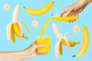 Wall Mural - Fresh banana juice is poured from a bottle into a glass. female hands. Flying bananas, banana slices on a blue background. Concept.