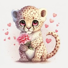  A Cute Little Leopard Holding A Flower With Hearts Around It's Neck And Eyes, With A Pink Rose In Its Paws, On A White Background With Hearts, With A Pink Background. Generative AI
