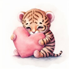  A Tiger Cub Holding A Pink Heart With Its Paws On It's Chest, With Its Eyes Closed And Eyes Closed, Sitting Down On A White Background, With A White Background,.