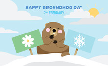 Groundhog Phil On His Snowy Burrow Choosing Between Spring And Winter. Sun Hidden By Clouds. Groundhog Day Greeting Banner On 2 February.