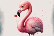  A Pink Flamingo With A Heart Balloon In Its Beak, Standing On A White Background With A Blue Border Around It And A Pink Heart In The Middle Of The Bottom Corner Of The Frame.