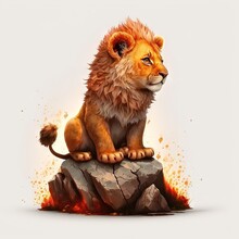  A Lion Sitting On Top Of A Rock With A Fire Coming Out Of Its Mouth And Eyes Open, With A White Background And A Red Spot In The Middle Of The Picture Is A.