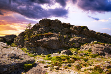 Poster - Rock on the top of the mountain Grosser Arber at sunset. National park Bayerischer Wald, Germany.