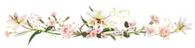 Panoramic View: Bouquet Of Carnation, Lilies, Spring Blossom. Horizontal Border: Light Flowers, Buds, Leaves On White Background. Realistic Digital Illustration In Watercolor Style, Vintage, Vector