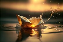  A Paper Boat Floating On Top Of A Lake Next To A Sunset Sky And Water Splashing On The Surface Of The Water And The Surface Of The Water, With A Splashing Surface.