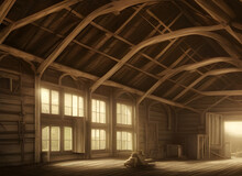 The Interior Of An Old Wooden Rural Barn With Atmospheric Sunlight Coming Through Windows And An Open Door. Generative Ai Art
