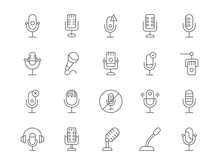 Podcast Microphone. Line Mic Icons. Journalists Radio Mike. Audio Vocal Studio Record. Retro Speech Or Music Broadcast. Interface Elements. Live Streaming. Vector Outline Symbols Set