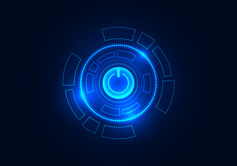 Poster - Background power button technology, the light emits from the button itself. There is a blue technology wheel surrounding it. the dark blue background adds more interest