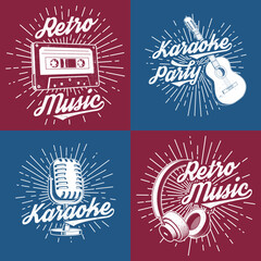 Wall Mural - Retro music poster, banner. Retro microphone, headphones, audio cassette, classical acoustic guitar with sunburst vintage typography design for t shirt, emblem, logo, badge design. Vector illustration