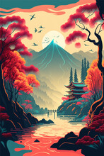Japanese Mountain Landscape Artwork