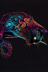 Wall Mural - psychedelic Luna cat on a black background