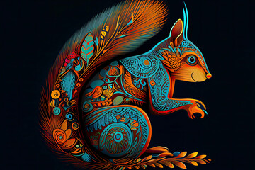 Wall Mural - Colorful squirrel zentangle arts isolated on black background