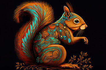 Wall Mural - Colorful squirrel zentangle arts isolated on black background