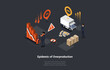 Epidemic Of Overproduction And Global World Crisis. Oversupply of Goods On Market as a Consequence of Economic Crisis. Inflation Cut And Reduced Buying Power. Isometric Cartoon 3d Vector Illustration