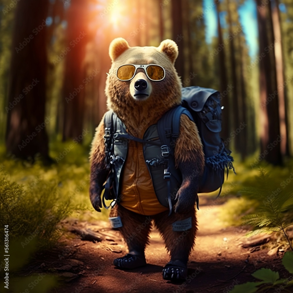 One bear with backpack and sunglasses hiking in the woods  display picture 3