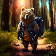 One Bear With Backpack And Sunglasses Hiking In The Woods. AI Generative.