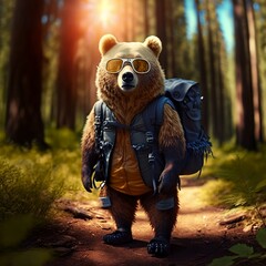 one bear with backpack and sunglasses hiking in the woods. ai generative.