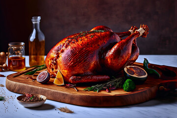 tasty roasted turkey served on a wooden chopping board