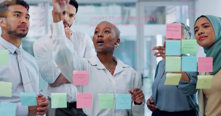 Poster - Meeting, collaboration and sticky notes on glass with a business black woman coaching her team in the office. Strategy, teamwork and planning with a creative man and woman employee group at work