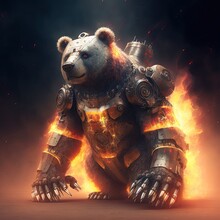Futuristic Bear Knight, Mechanical Robot Warrior, Future Warrior, Generative Ai, Electronic Animal, Robot Bear On Fire