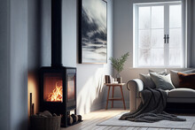 Cosy Living Room Interior Design Idea With Fireplace, Winter Architecture, Generative AI
