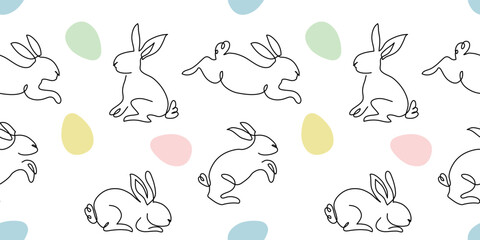 Wall Mural - Bunnies and eggs seamless vector pattern . One continuous line art drawing Easter pattern. Bunnies pastel background, texture, print