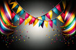 Bunter Hintergrund mit Bändern, Luftschlangen, Konetti und Textfreiraum für Fasching, Party, Geburtstag