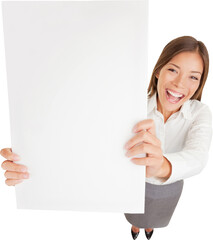 Businesswoman with blank sign excited. Fun high angle perspective of young happy cheerful businesswoman holding up blank sign for your attention with copyspace for advert or text. Isolated PNG.