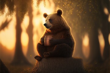 Wall Mural -  a bear sitting on a tree stump holding a cup of coffee in its paws and looking at the camera with a forest background behind it and a sun setting behind it, with a few. generative ai