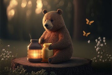 Wall Mural -  a bear sitting on a stump holding a honey jar with a honey jar on it and a butterfly flying above it, in a dark forest with flowers and a light shining on a stump. generative ai