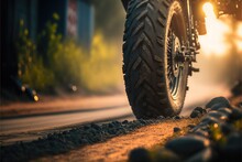  A Motorcycle Tire On A Road With A Bright Light Coming From Behind It And A Blurry Background Of Rocks And Grass And Bushes On The Side Of The Road Is A Street With A. Generative Ai