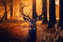  A Deer Standing In A Forest With Trees And Leaves Around It's Head And A Light Shining On The Ground Behind It, With A Blurry Background Of The Trees And A Yellow. Generative Ai