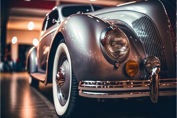 Wall Mural -  a vintage car is parked in a garage with lights on the ceiling and a black and white background with a red and white stripe around the front of the car and the front of the. generative ai