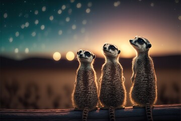  three meerkats looking up at the sky at night time with stars in the sky above them and a full moon in the distance behind them, with a blurry background of a blurry. generative ai