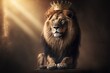  a lion with a crown on its head sitting on a table in a dark room with light coming through the window and a spotlight coming from behind it, with a beam of light coming from. generative ai
