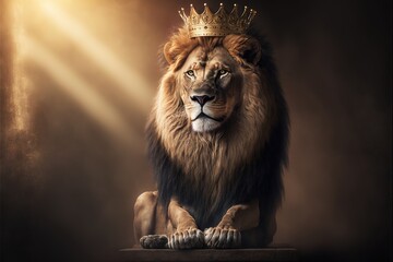 Wall Mural - a lion with a crown on its head sitting on a table in a dark room with light coming through the wind