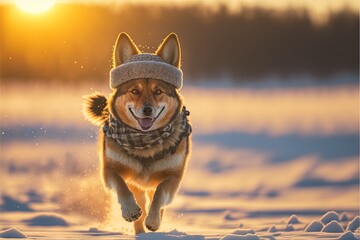 Canvas Print -  a dog running through the snow in a hat and scarf with a sun in the background and a snowy field with snow on the ground and snow on the ground, and the ground,. generative ai