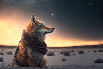 Wall Mural -  a wolf with a scarf around its neck sitting in the snow at night with the stars in the sky above it and a field of grass and bushes in the foreground, with a. generative ai