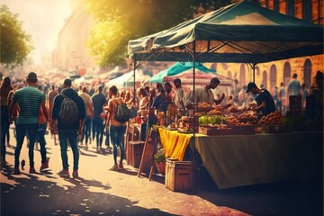 Sticker -  a group of people walking around a market area with a tent and food on display on the side of the road and people walking by the side of the road, and a few people walking around. generative ai