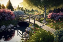  A Painting Of A Bridge Over A Pond In A Park With Flowers And Trees Around It And A Path Leading To A Small Bridge Over Water Feature With A Small Pond In The Middle Of. Generative Ai
