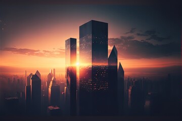 Poster -  a city skyline with a sunset in the background and a few buildings in the foreground, with a few clouds in the sky, and a few buildings in the foreground, and a. generative ai