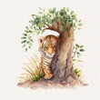  a tiger cub is sitting in the shade of a tree, looking out from behind a tree trunk, with a white background and a green leafy tree trunk behind it, and a. generative ai Generative AI