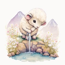  A Sheep Is Standing On A Rock And Drinking Water From A Stream Of Water From A Small Pond With Rocks And Flowers Around It, And A Mountain In The Background, With A White. Generative Ai
