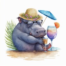  A Hippo With A Straw Hat And Glasses Sitting Next To A Glass Of Wine And An Umbrella On The Beach, With A Drink In Front Of Which Is A Half A Half -. Generative Ai
