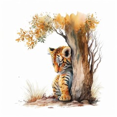 Poster -  a tiger cub sitting next to a tree in the grass and looking at the ground with its eyes closed and head down, with a white background of a white background with a tree and. generative ai