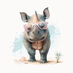 Canvas Print -  a rhino wearing glasses and a pink hat and glasses is standing in the sand with a plant in the background and a blue spot on the ground behind it is a white background with a. generative ai